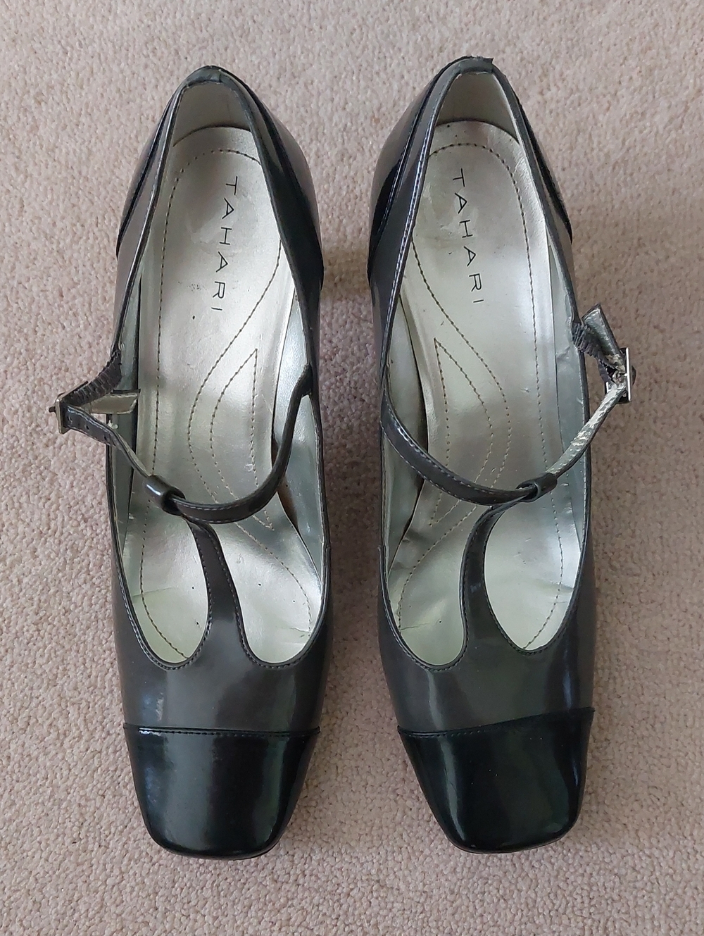 Tahari Gray and Black Patent Mary Jane Heels